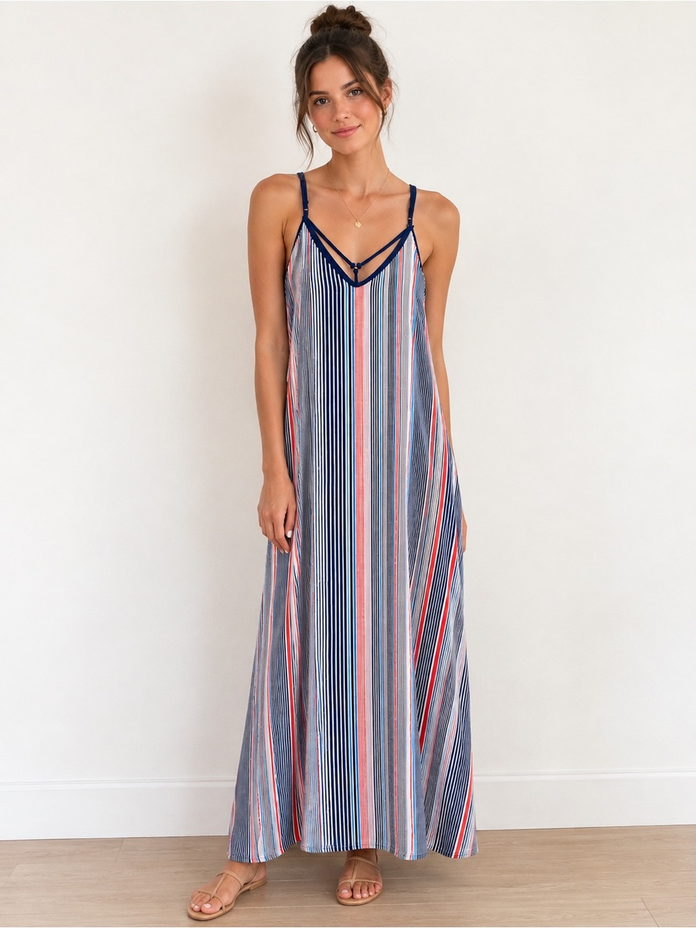 C. Wonder Red White & Blue Striped Maxi Dress Size Medium M Strappy Pockets
